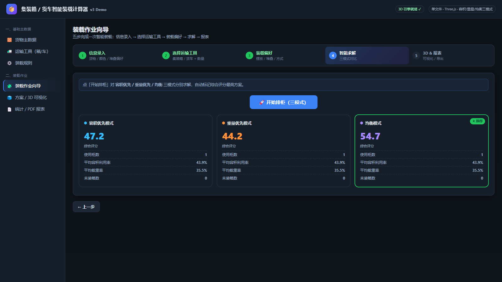 裝載作業(yè)向?qū)В何宀揭龑?dǎo)完成一次智能裝載，并對容積優(yōu)先/重量優(yōu)先/均衡三模式分別求解、標(biāo)記推薦方案